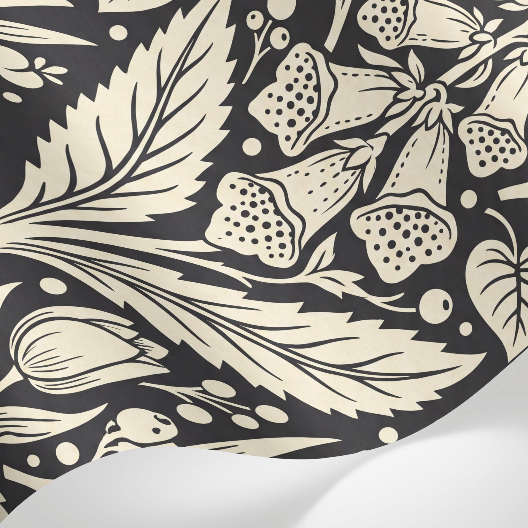 Papier peint panoramique art nouveau fleurs - Tulipes fraises papillons motifs répétitifs fond noir et beige rosé sur mesure - Matière