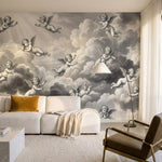 papier peint baroque anges cherubins voltigeant nuages celestes fond gris perle -7