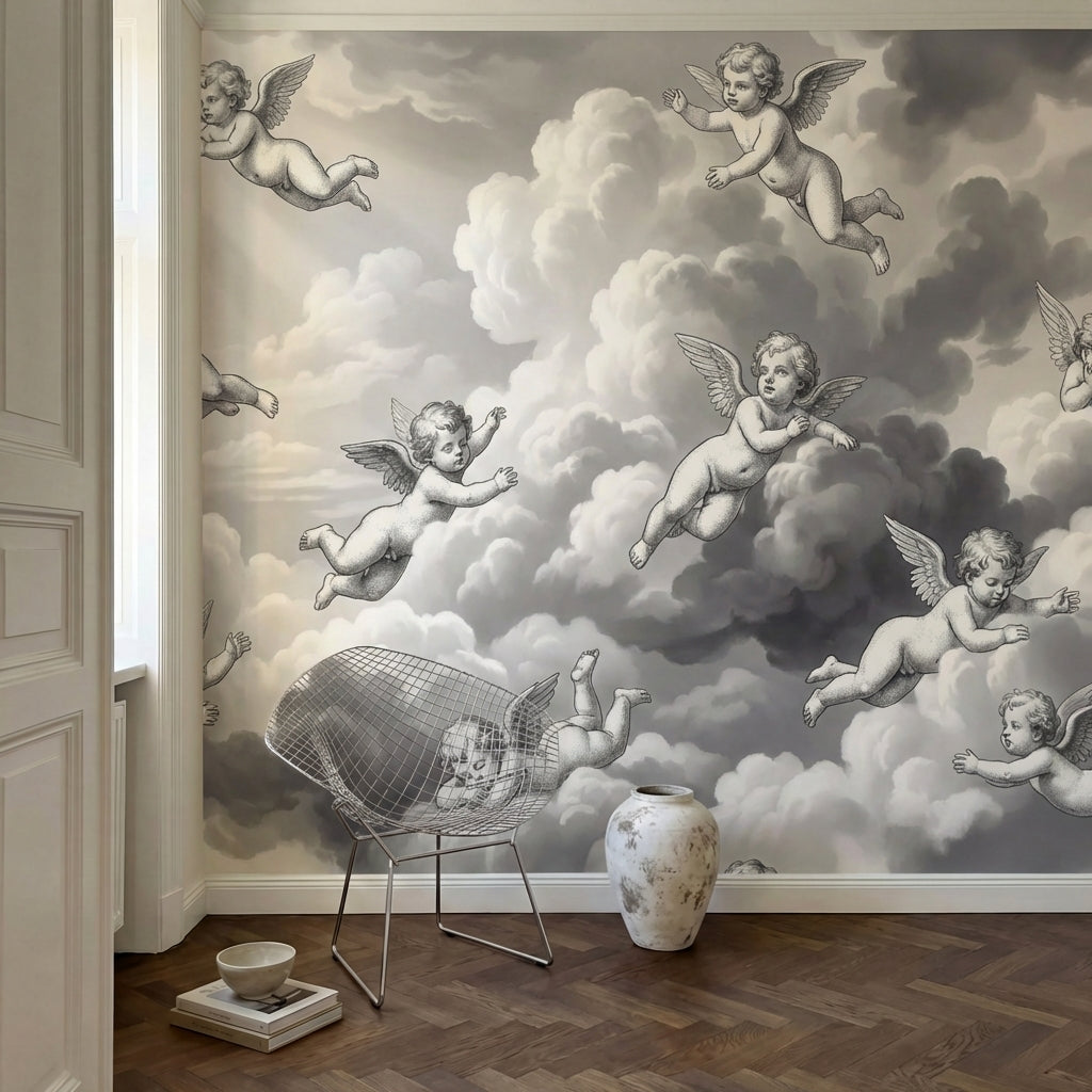 papier peint baroque anges cherubins voltigeant nuages celestes fond gris perle -HERO-8