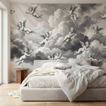 papier peint baroque anges cherubins voltigeant nuages celestes fond gris perle -HERO-9
