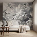papier peint baroque anges cherubins voltigeant nuages celestes fond gris perle -VARIANTE-10