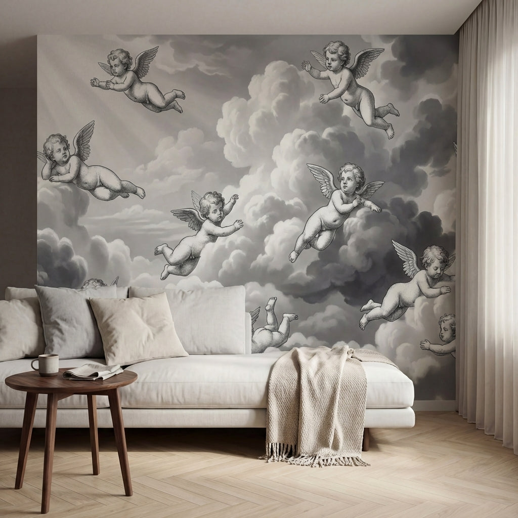 papier peint baroque anges cherubins voltigeant nuages celestes fond gris perle -VARIANTE-10