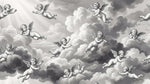 Papier peint panoramique baroque - Anges chérubins voltigeant nuages célestes fond gris perle et blanc sur mesure - Design