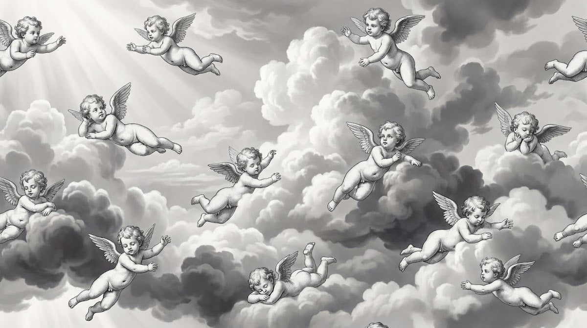 Papier peint panoramique baroque - Anges chérubins voltigeant nuages célestes fond gris perle et blanc sur mesure - Design