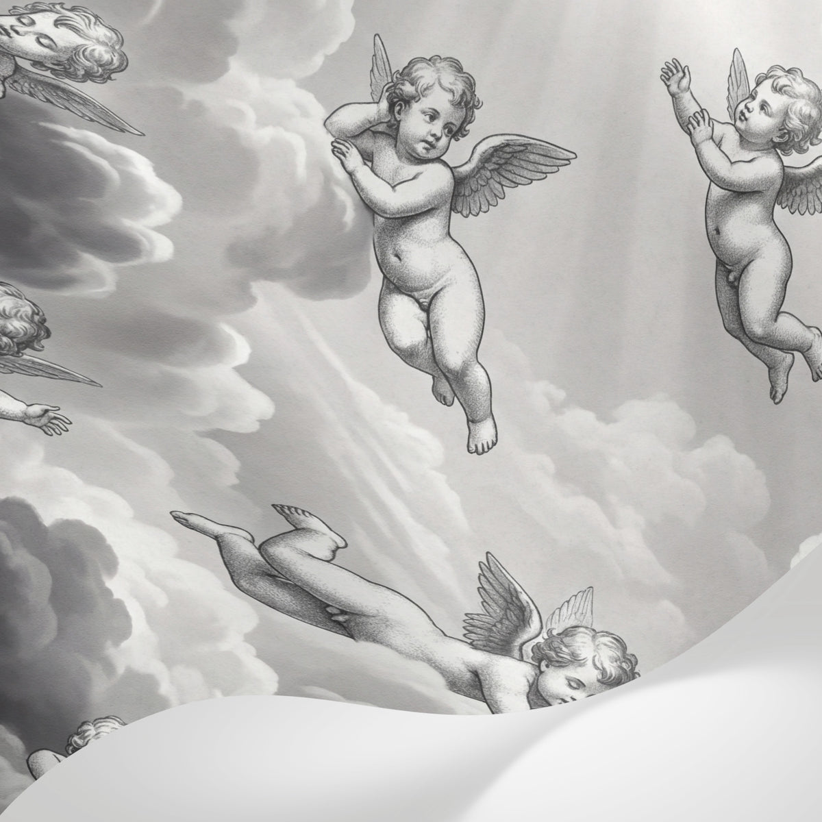 Papier peint panoramique baroque - Anges chérubins voltigeant nuages célestes fond gris perle et blanc sur mesure - Matière