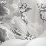 Papier peint panoramique baroque - Anges chérubins voltigeant nuages célestes fond gris perle et blanc sur mesure - Matière