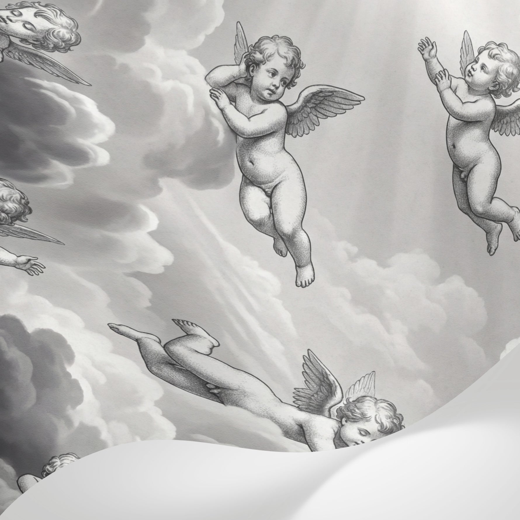 Papier peint panoramique baroque - Anges chérubins voltigeant nuages célestes fond gris perle et blanc sur mesure - Matière