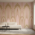 papier peint baroque rose poudre arches ornementales dorees motifs eventails fon-4