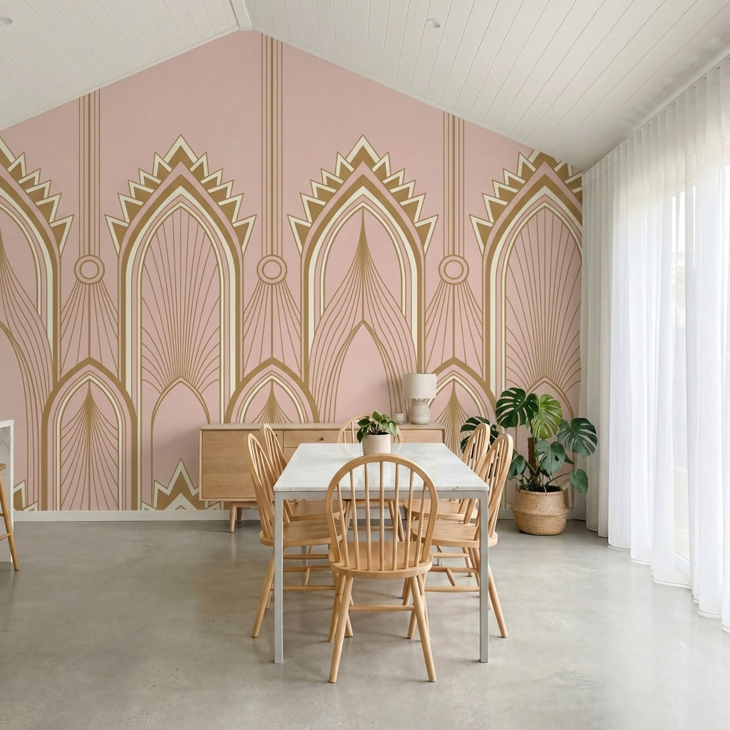 papier peint baroque rose poudre arches ornementales dorees motifs eventails fon-9
