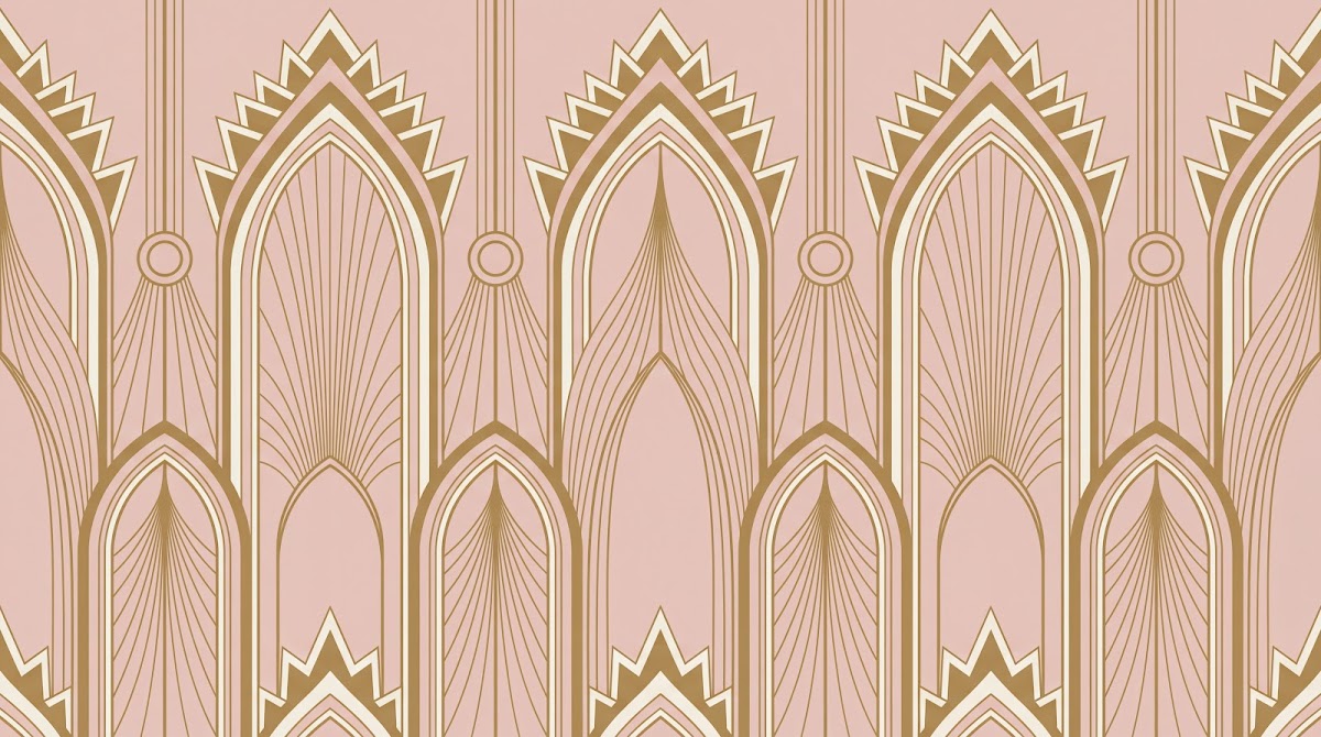 Papier peint panoramique baroque rose poudré - Arches ornementales dorées motifs éventails fond rose blush sur mesure - Design