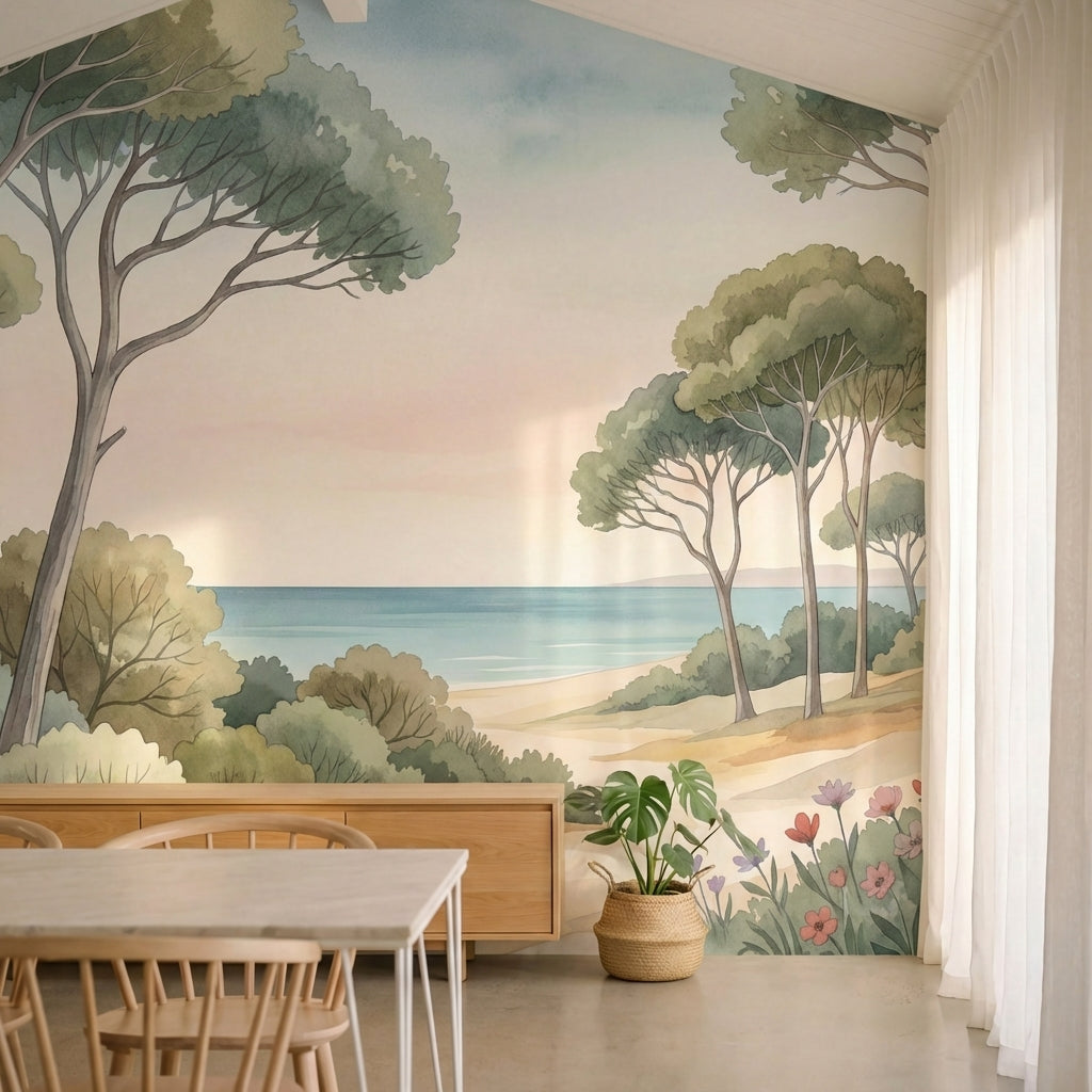papier peint botanique arbres mediterraneens fleurs sauvages chemin sableux tons-1