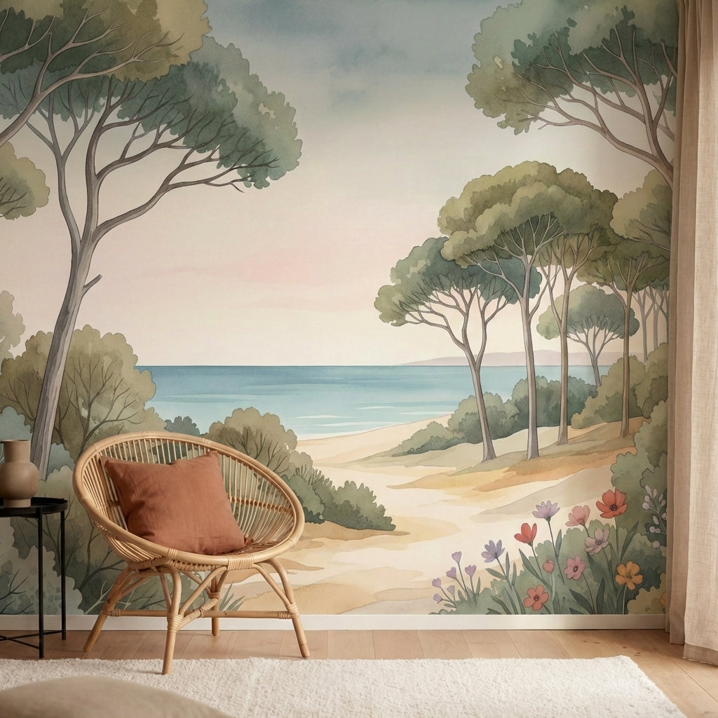 papier peint botanique arbres mediterraneens fleurs sauvages chemin sableux tons-3
