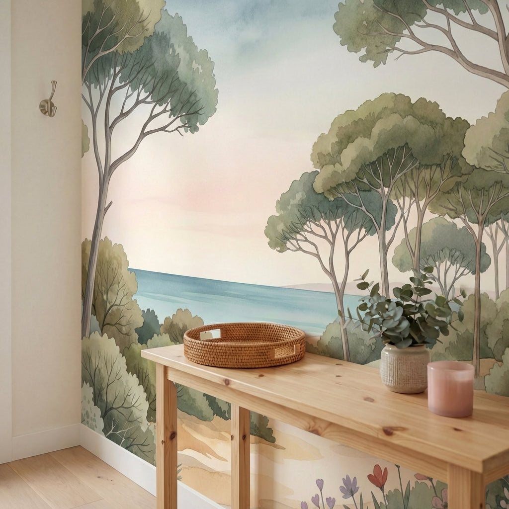 papier peint botanique arbres mediterraneens fleurs sauvages chemin sableux tons-7