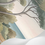 Papier peint panoramique botanique - Arbres méditerranéens fleurs sauvages chemin sableux tons vert sauge et beige sur mesure - Matière