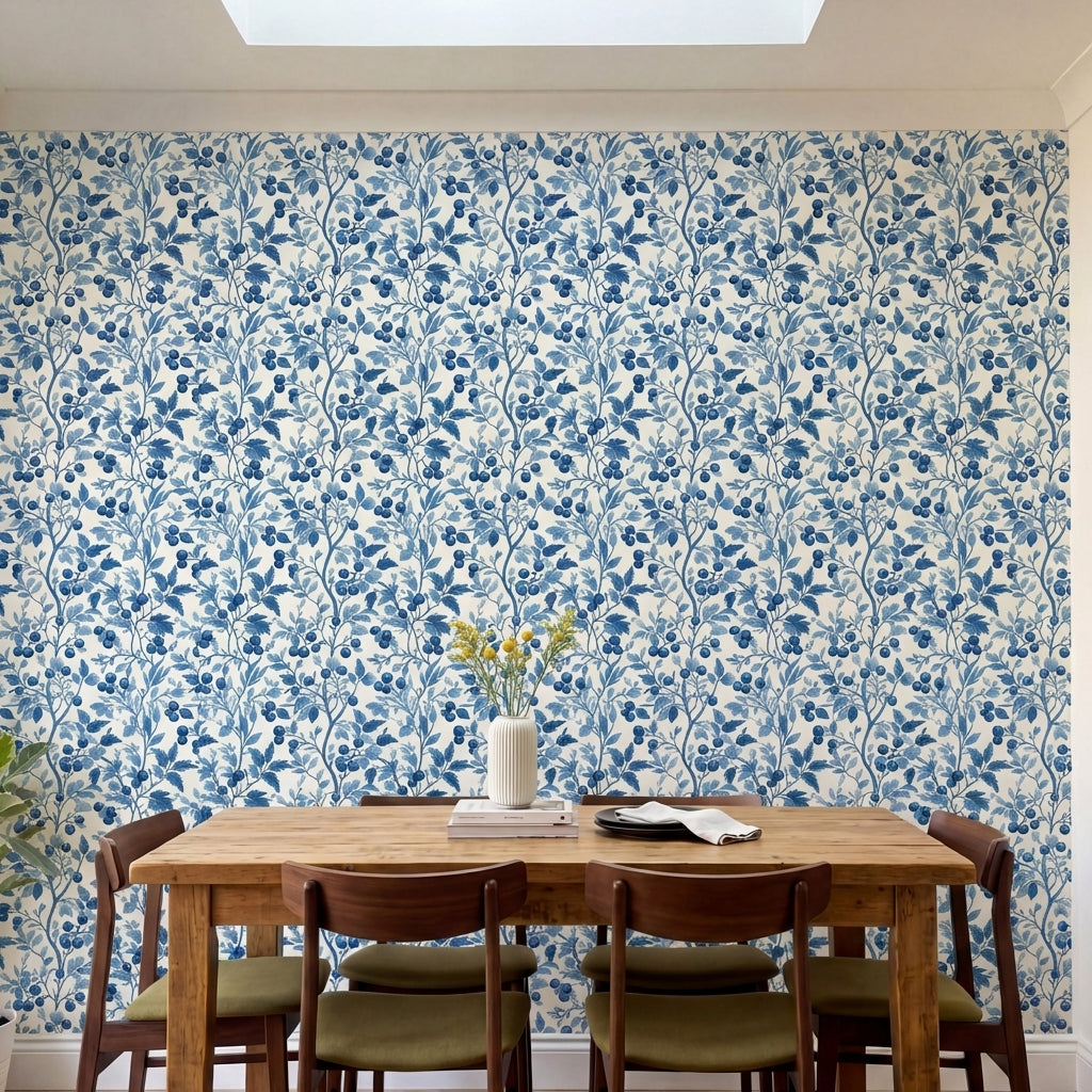papier peint botanique branches de myrtille et feuillages bleu cobalt sur fond c-HERO-2