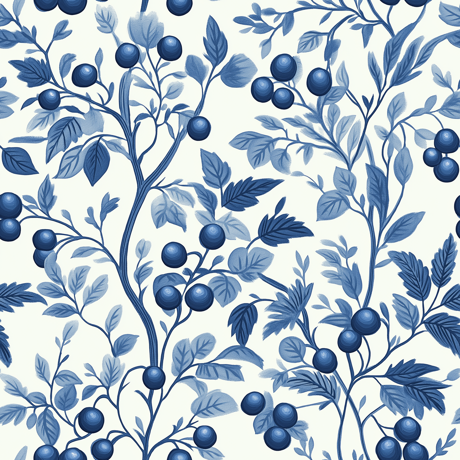 Papier peint motif botanique - Branches de myrtille et feuillages bleu cobalt sur fond crème - Design