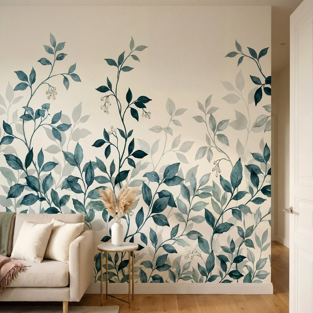 papier peint botanique branches feuillage delicat tons bleu gris et beige creme-HERO-11