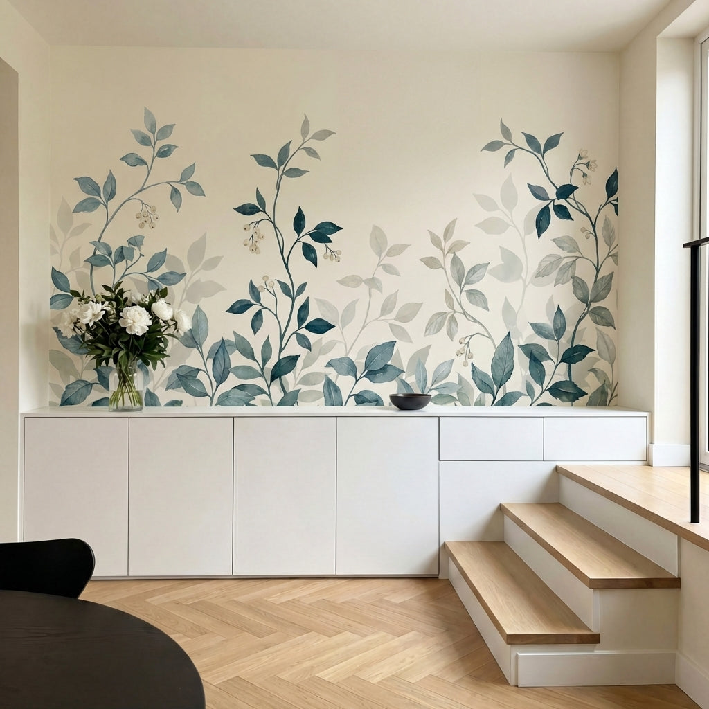 papier peint botanique branches feuillage delicat tons bleu gris et beige creme-HERO-12