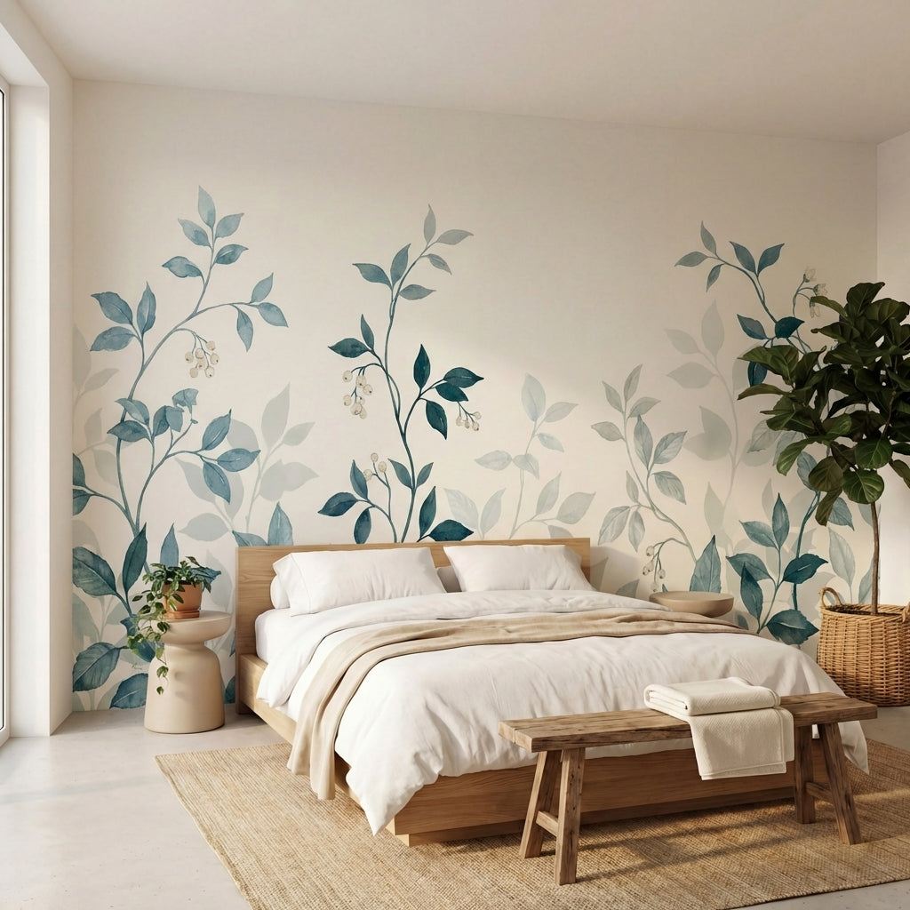 papier peint botanique branches feuillage delicat tons bleu gris et beige creme-VARIANTE-10