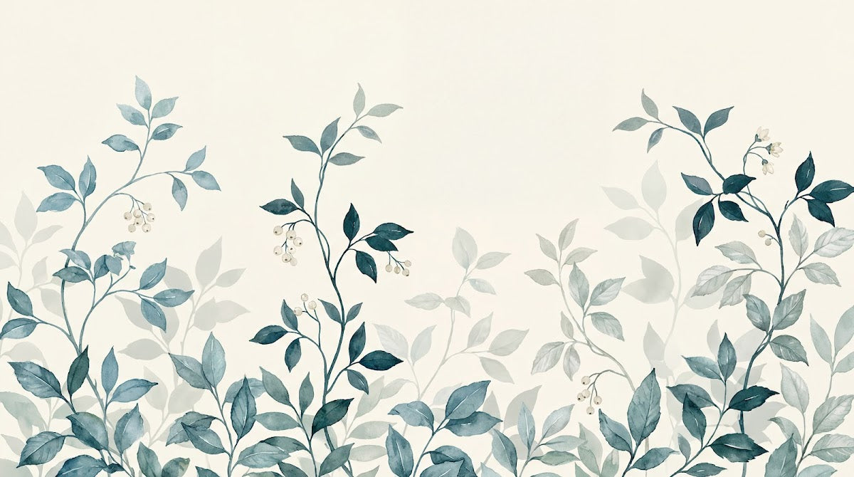 Papier peint panoramique botanique - Branches feuillage délicat tons bleu gris et beige crème sur mesure - Design