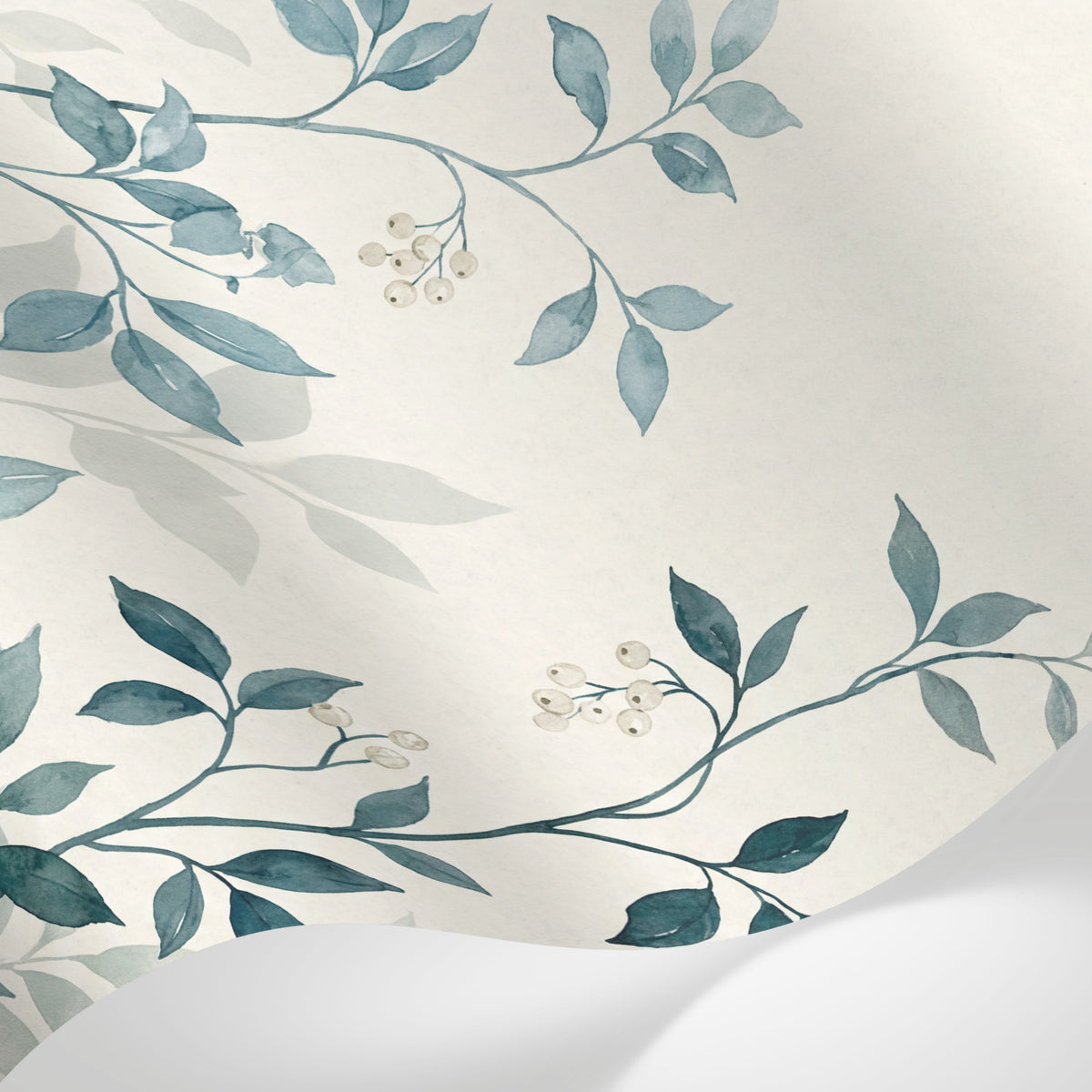 Papier peint panoramique botanique - Branches feuillage délicat tons bleu gris et beige crème sur mesure - Matière