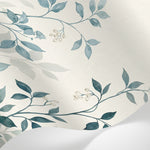 Papier peint panoramique botanique - Branches feuillage délicat tons bleu gris et beige crème sur mesure - Matière