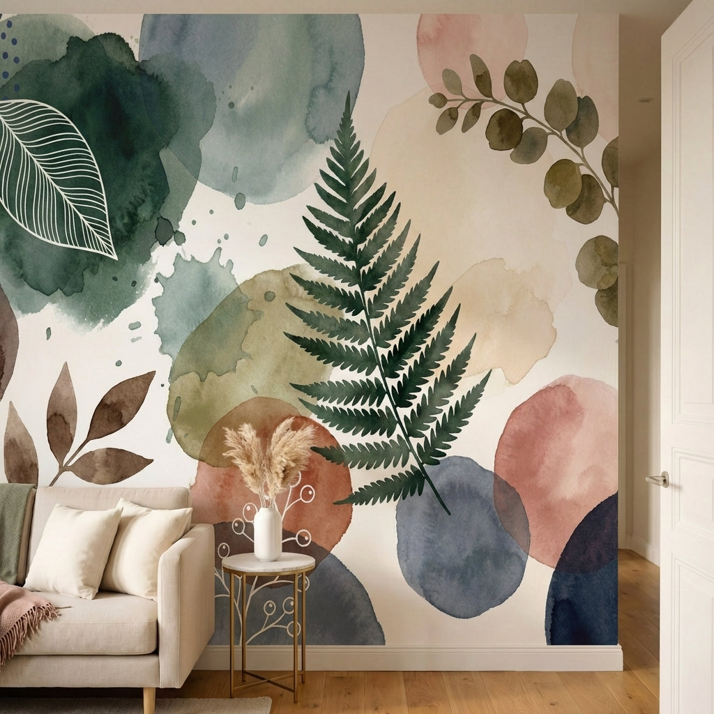 papier peint botanique feuilles eucalyptus fougeres aquarelle tons vert sauge ro-HERO-9