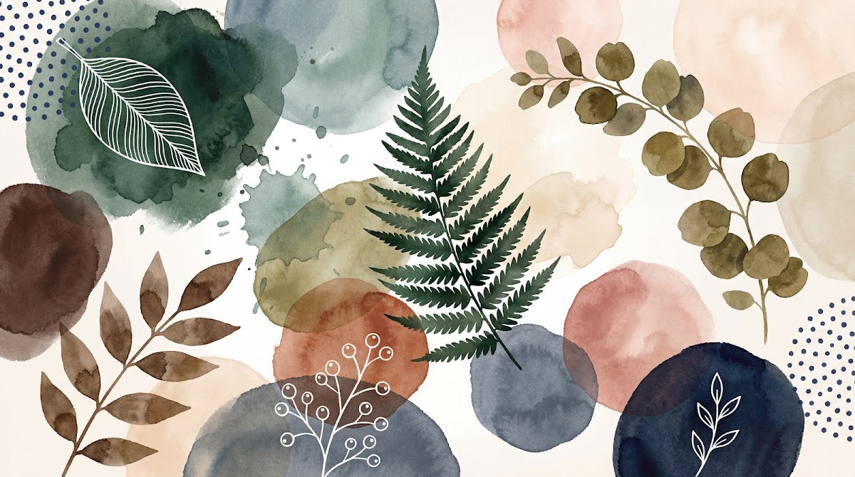 Papier peint panoramique botanique - Feuilles eucalyptus fougères aquarelle tons vert sauge rose poudré et beige sur mesure - Design