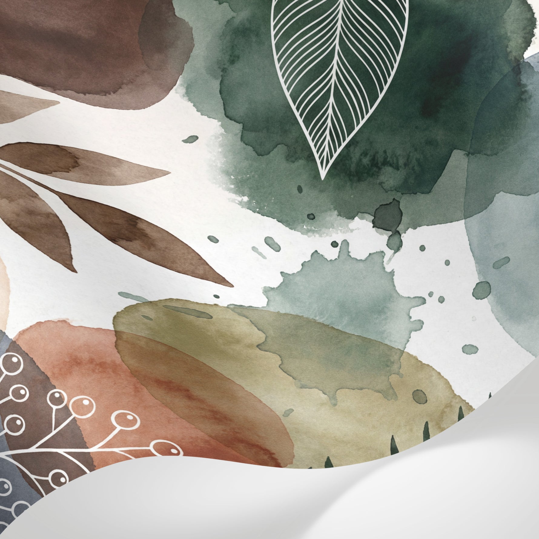 Papier peint panoramique botanique - Feuilles eucalyptus fougères aquarelle tons vert sauge rose poudré et beige sur mesure - Matière