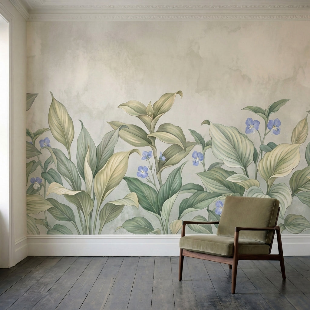 papier peint botanique feuilles hosta violettes sauvages fond beige creme nuance-5