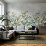 papier peint botanique feuilles hosta violettes sauvages fond beige creme nuance-6