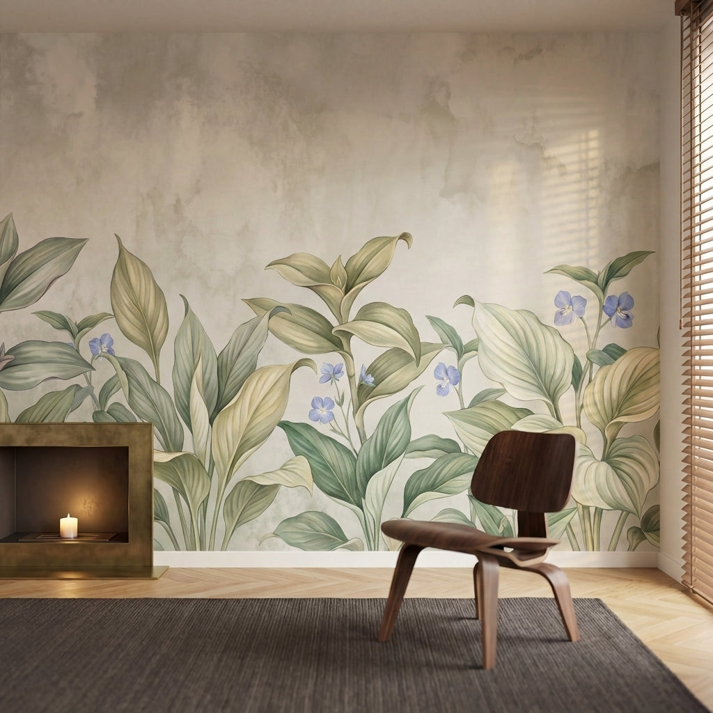papier peint botanique feuilles hosta violettes sauvages fond beige creme nuance-HERO-8