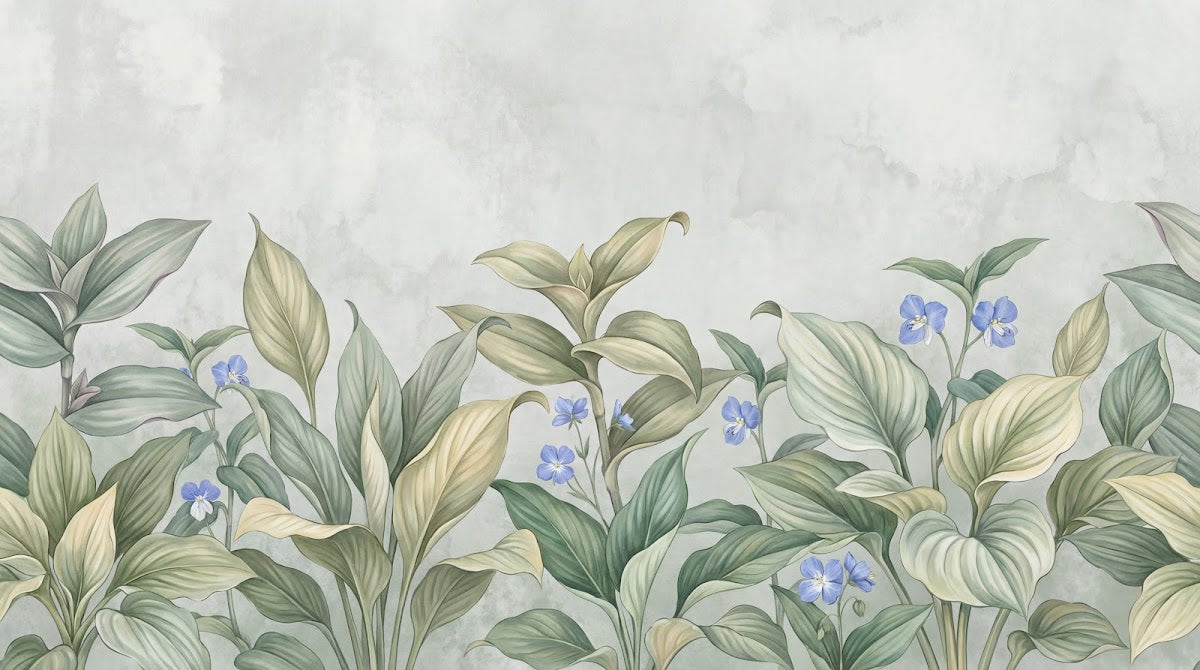Papier peint panoramique botanique - Feuilles hosta violettes sauvages fond beige crème nuancé sur mesure - Design
