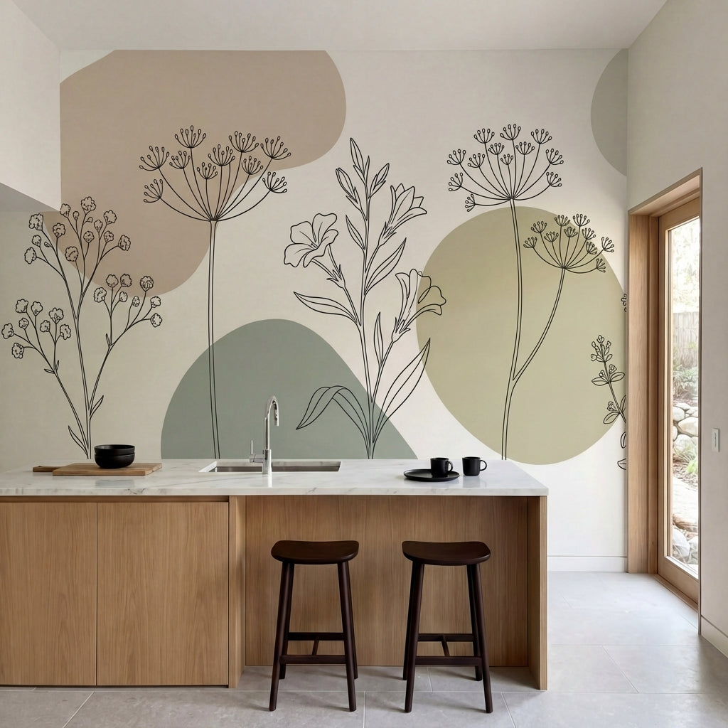papier peint botanique fleurs ombelliferes tiges stylisees dessin au trait fond -2