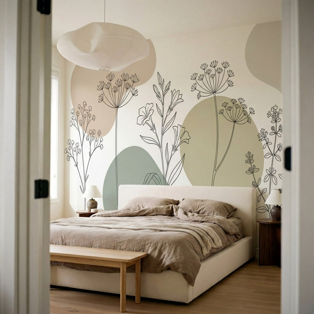 papier peint botanique fleurs ombelliferes tiges stylisees dessin au trait fond -6