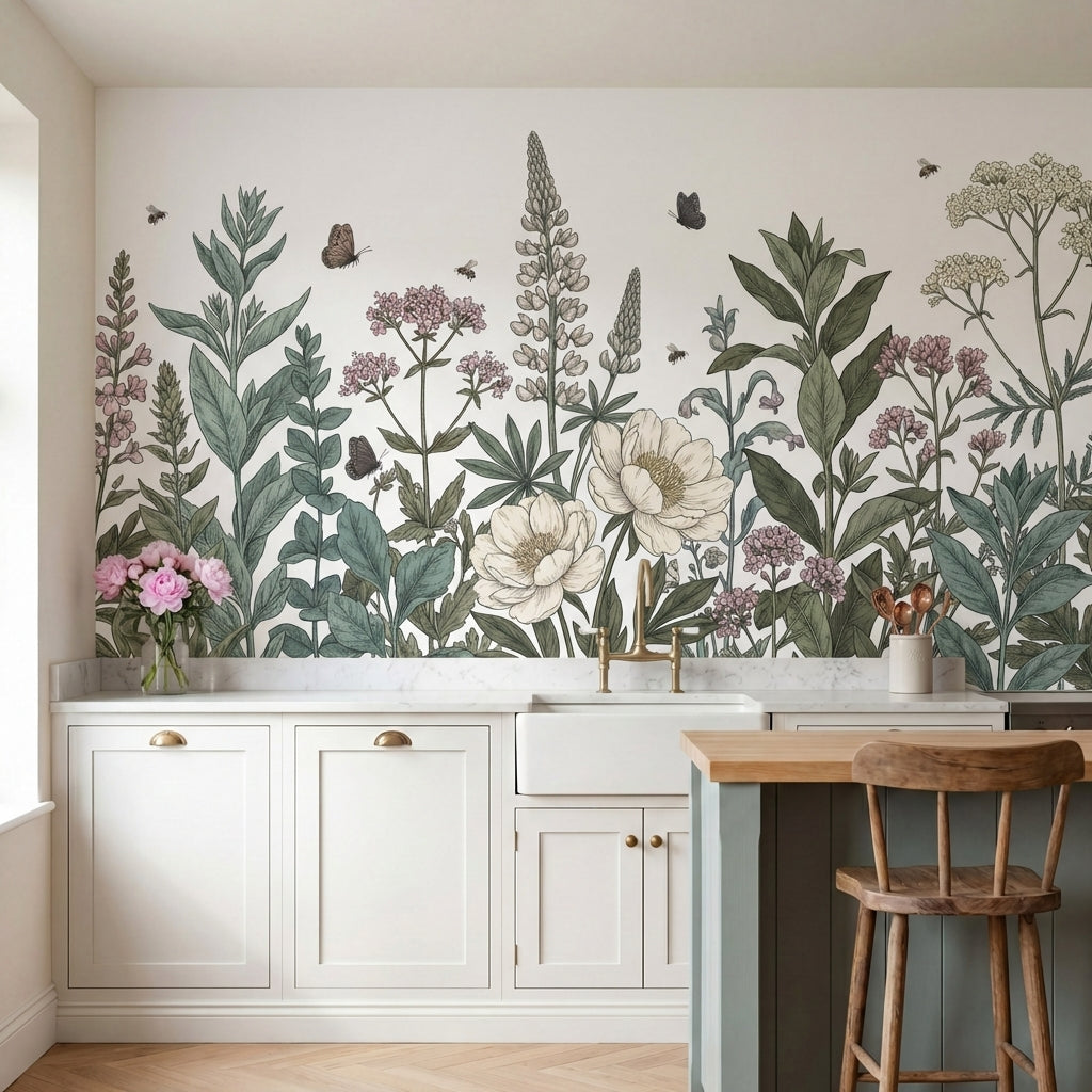 papier peint botanique fleurs sauvages ombelliferes papillons abeilles fond blan-3