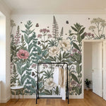 papier peint botanique fleurs sauvages ombelliferes papillons abeilles fond blan-HERO-10