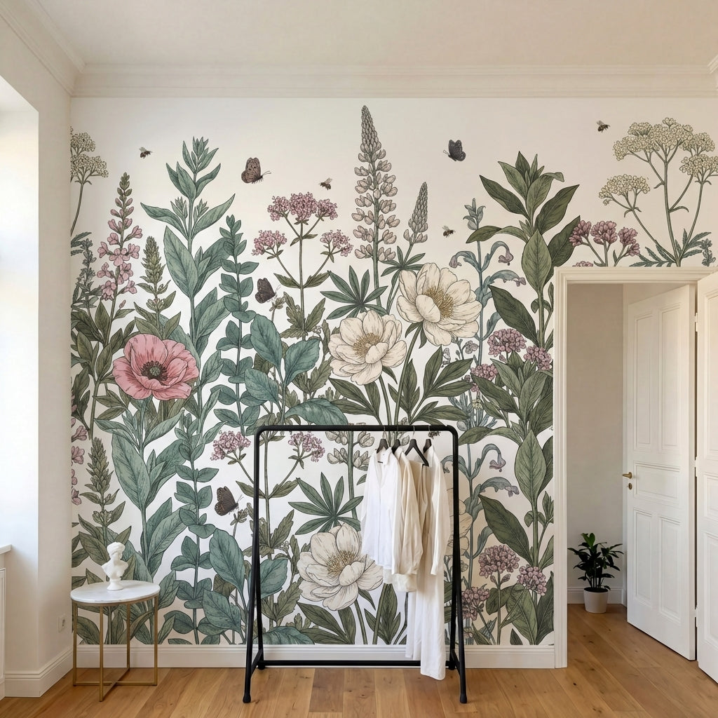 papier peint botanique fleurs sauvages ombelliferes papillons abeilles fond blan-HERO-10