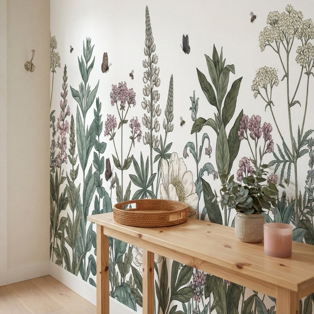 papier peint botanique fleurs sauvages ombelliferes papillons abeilles fond blan-VARIANTE-13