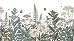 Papier peint panoramique botanique - Fleurs sauvages ombellifères papillons abeilles fond blanc naturel sur mesure - Design