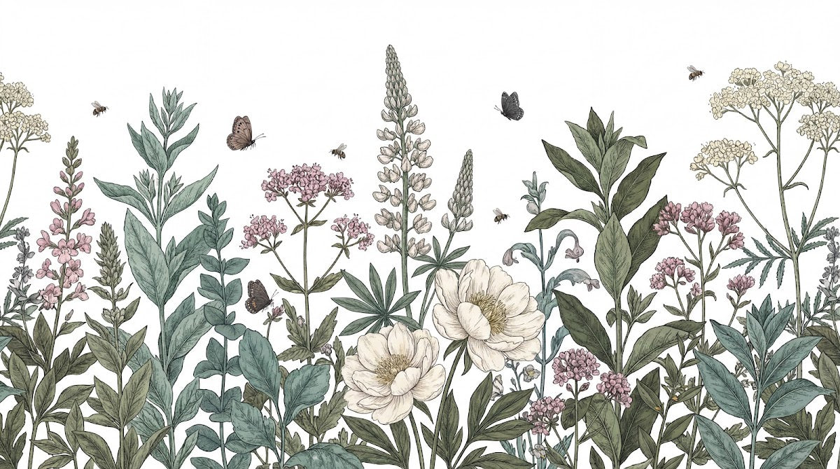 Papier peint panoramique botanique - Fleurs sauvages ombellifères papillons abeilles fond blanc naturel sur mesure - Design