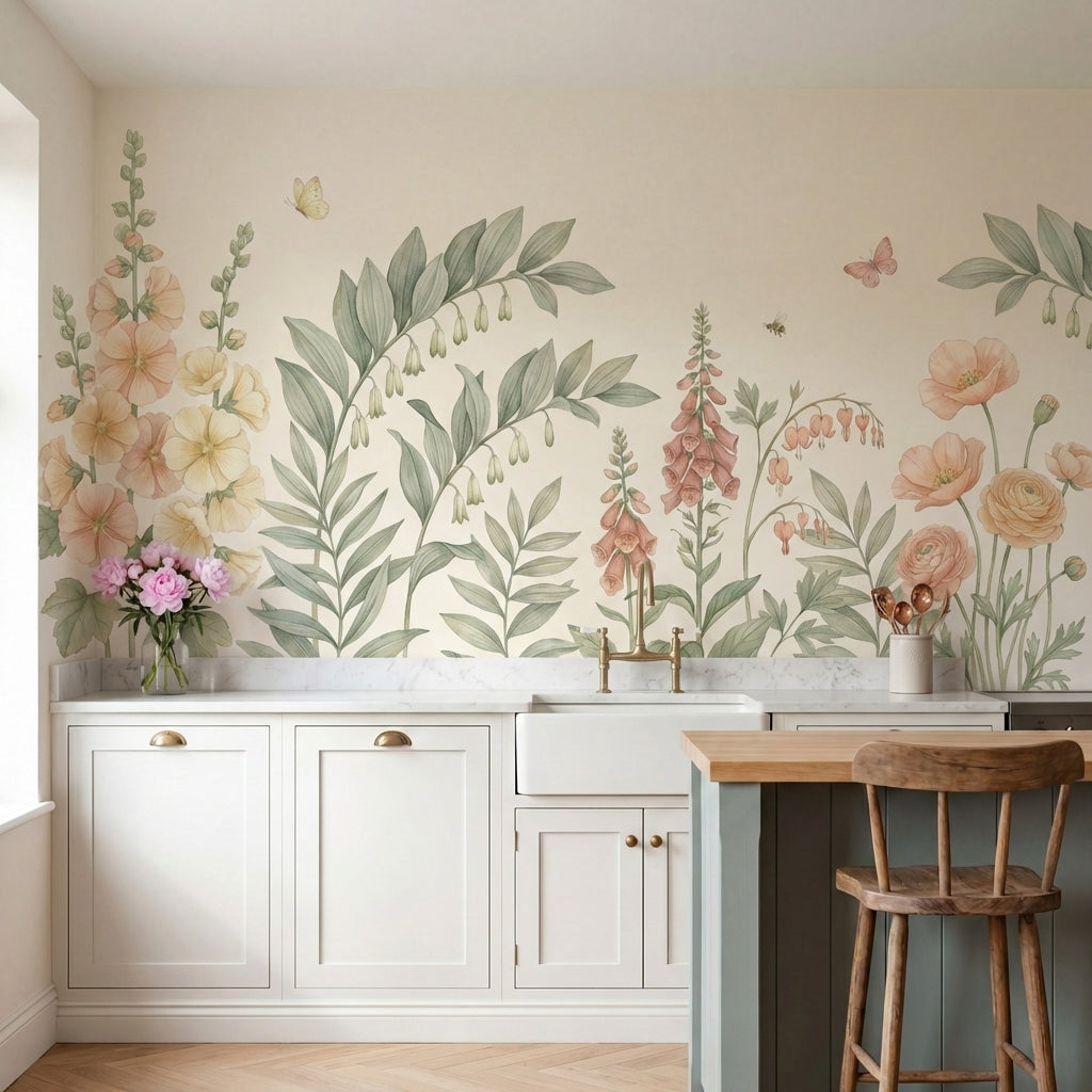 papier peint botanique fleurs sauvages ranunculus foxglove campanules tons rose -5
