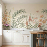 papier peint botanique fleurs sauvages ranunculus foxglove campanules tons rose -5