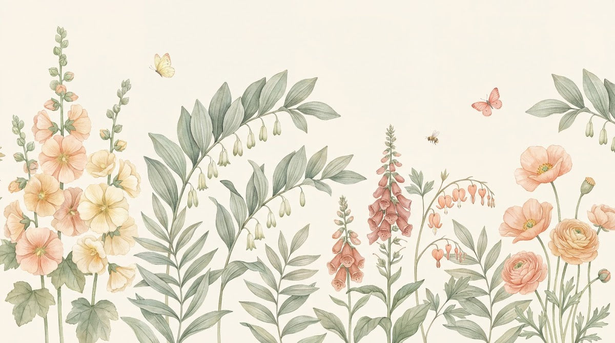 Papier peint panoramique botanique - Fleurs sauvages ranunculus foxglove campanules tons rose poudré et beige crème sur mesure - Design