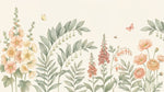 Papier peint panoramique botanique - Fleurs sauvages ranunculus foxglove campanules tons rose poudré et beige crème sur mesure - Design