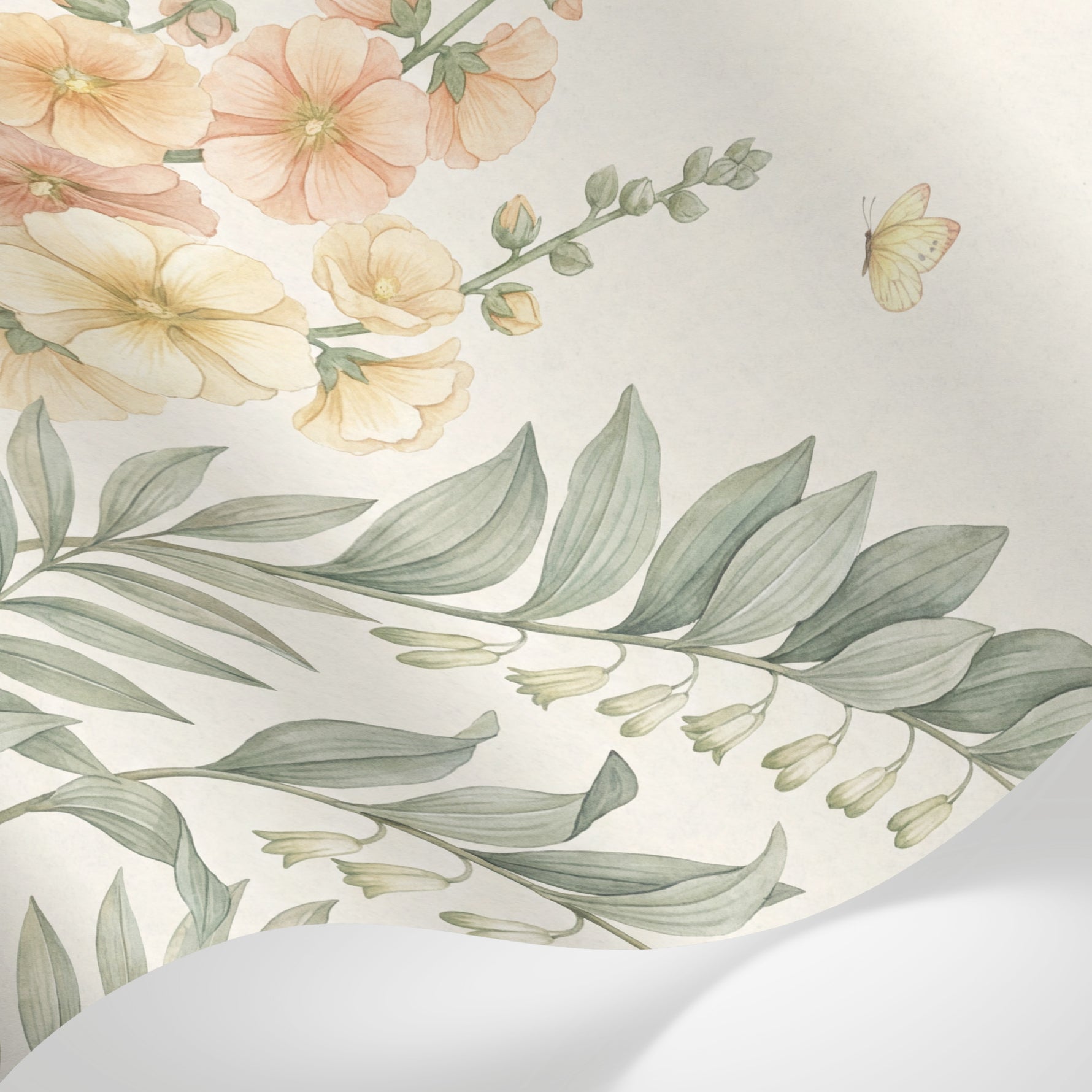 Papier peint panoramique botanique - Fleurs sauvages ranunculus foxglove campanules tons rose poudré et beige crème sur mesure - Matière