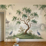 papier peint botanique saule pleureur wisteria herons cendres pavillon chinois f-2