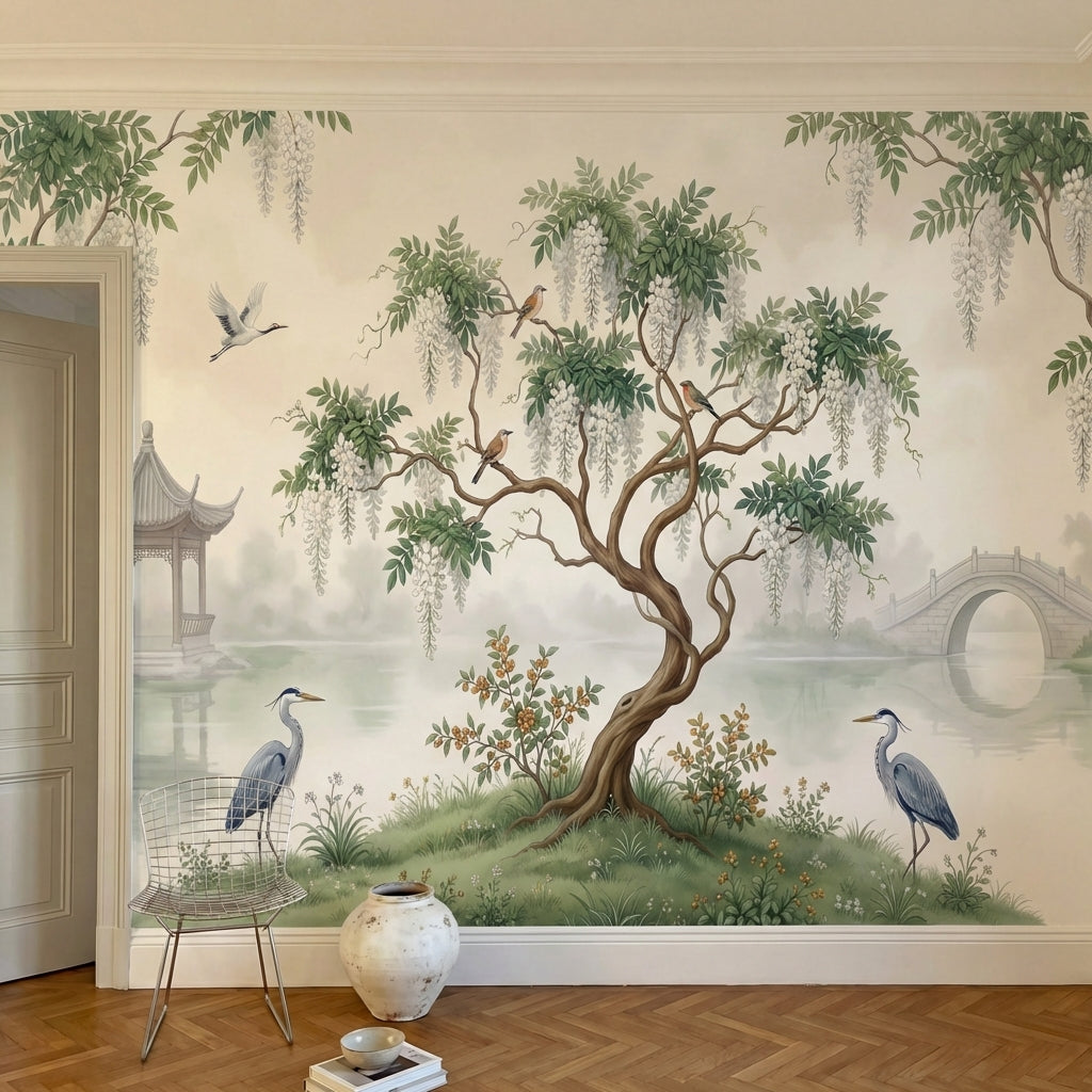 papier peint botanique saule pleureur wisteria herons cendres pavillon chinois f-2