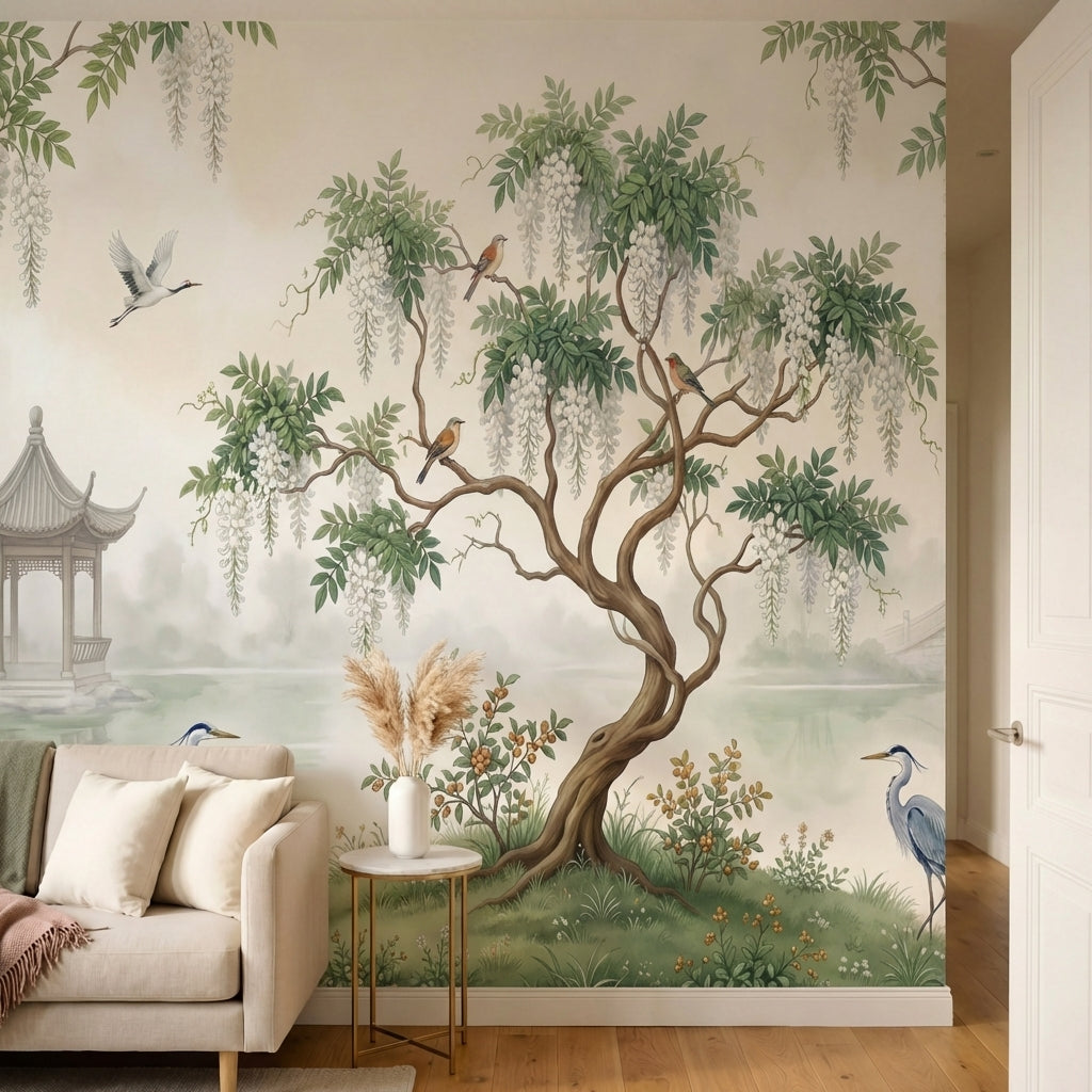papier peint botanique saule pleureur wisteria herons cendres pavillon chinois f-5
