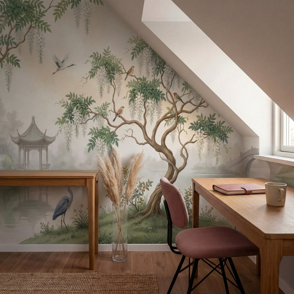 papier peint botanique saule pleureur wisteria herons cendres pavillon chinois f-7